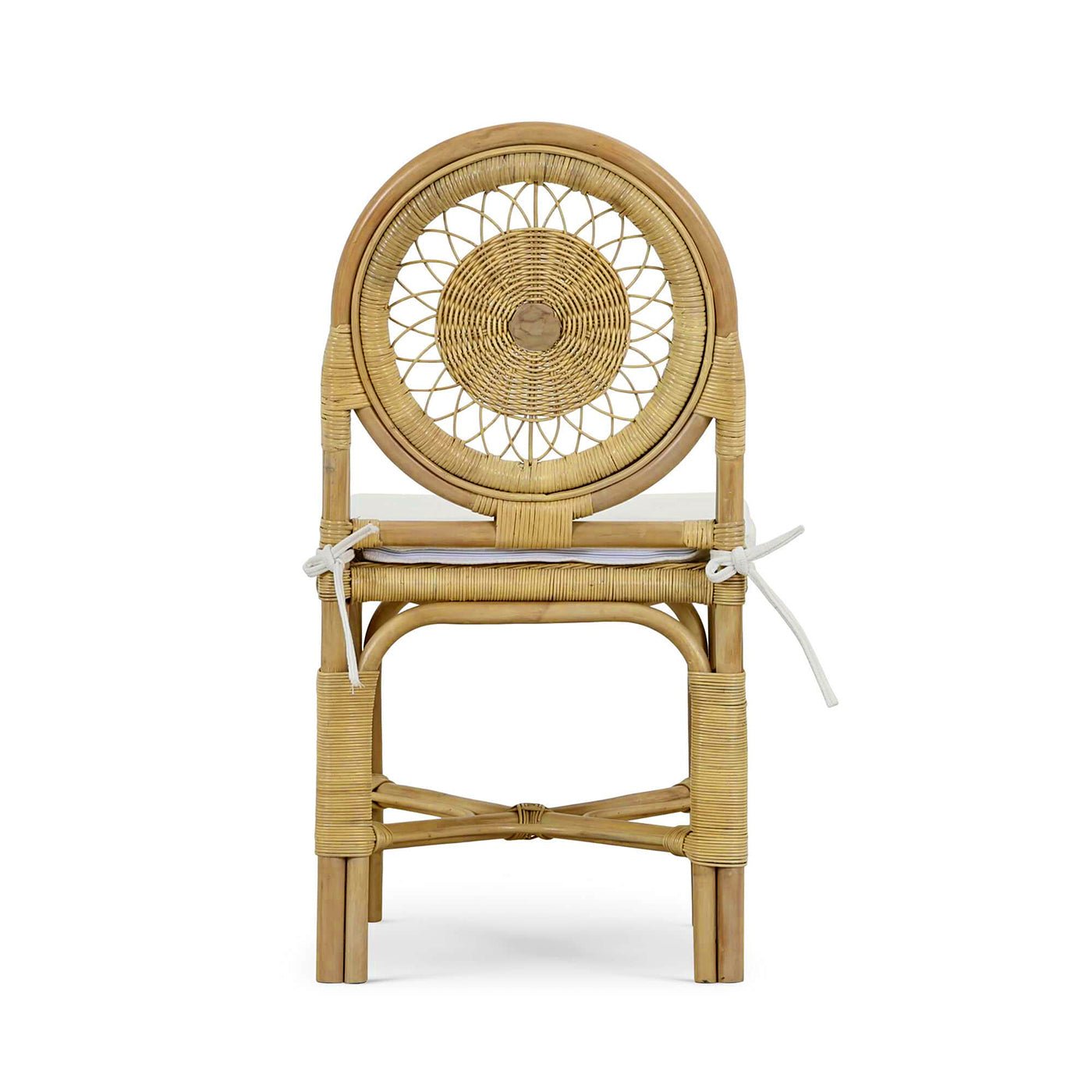 Rattan side chair back view with cushion.