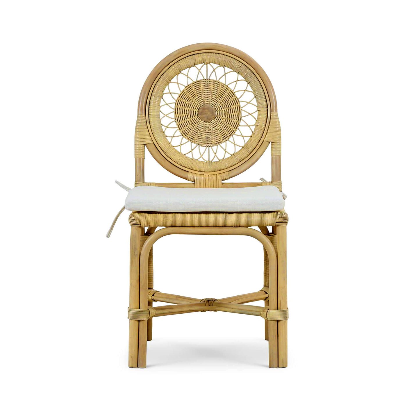 Rattan side chair full front view with cushion.