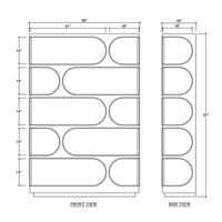 Line drawing dimensions of geometric mid-century bookcase.