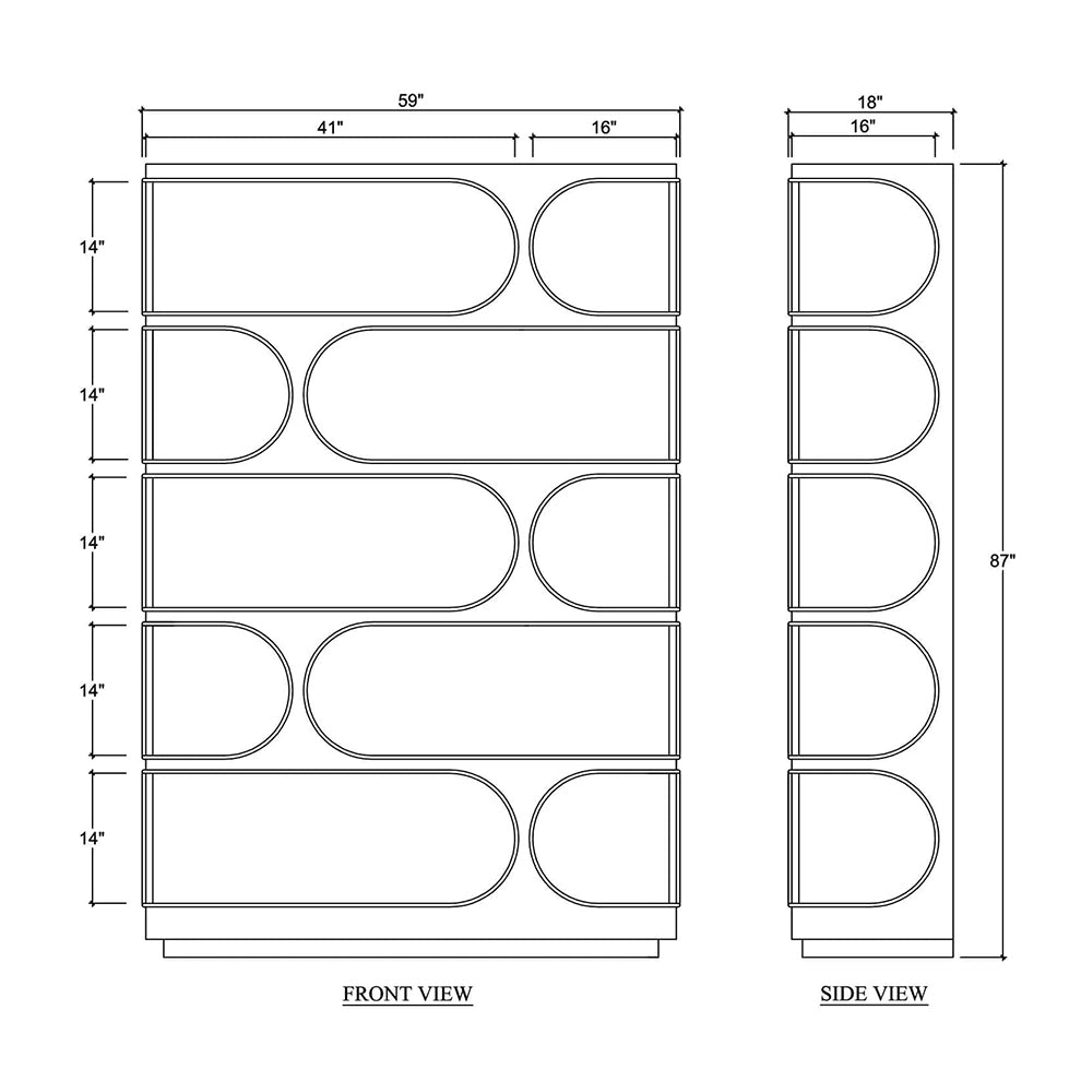 Line drawing dimensions of geometric mid-century bookcase.