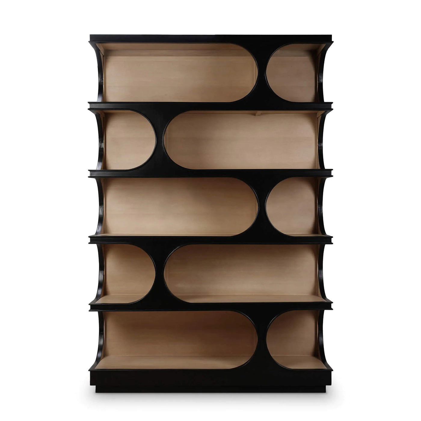 Straight front view of geometric mid-century bookcase.