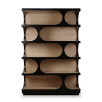 Straight front view of geometric mid-century bookcase.