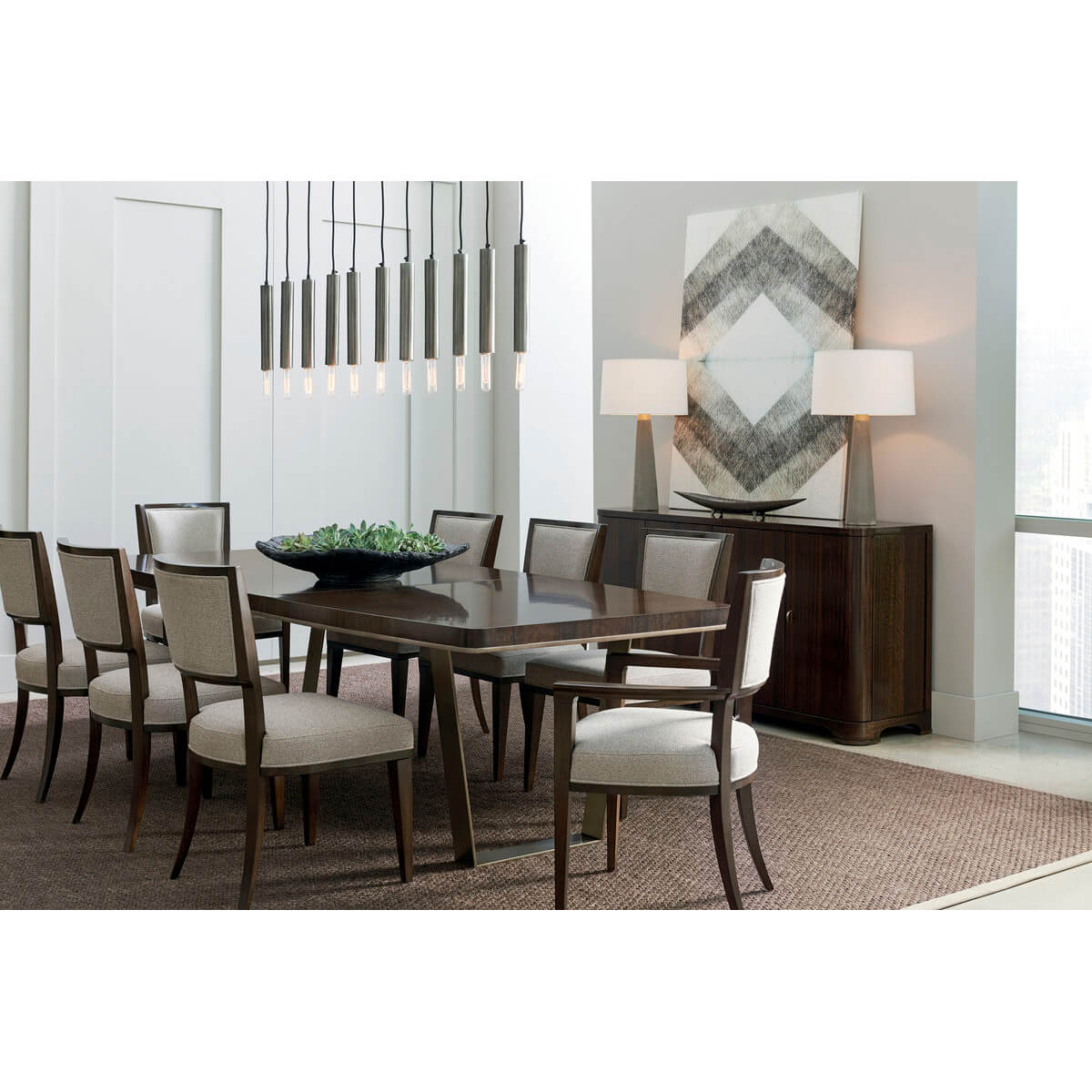 Dining room with Art Deco table and chairs setup.