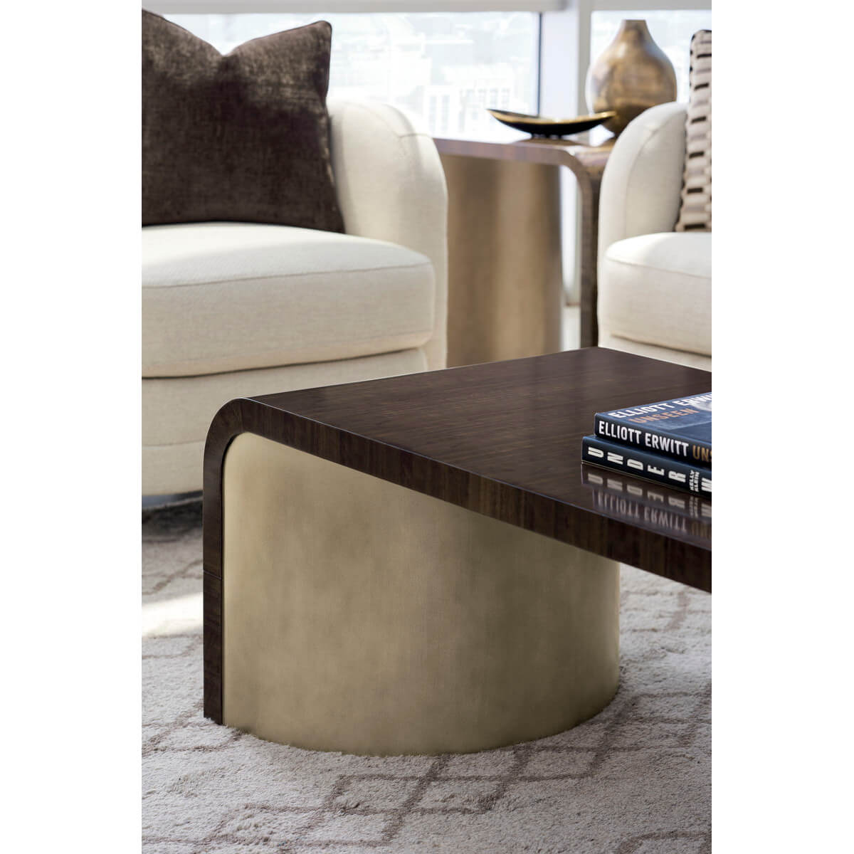 Close-up of coffee table in modern setting.