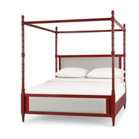 Faux Bamboo Upholstered King Canopy Bed - Scarlet Finish, three-quarter view