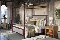 Faux Bamboo Upholstered King Canopy Bed - Scarlet Finish, room three-quarter view