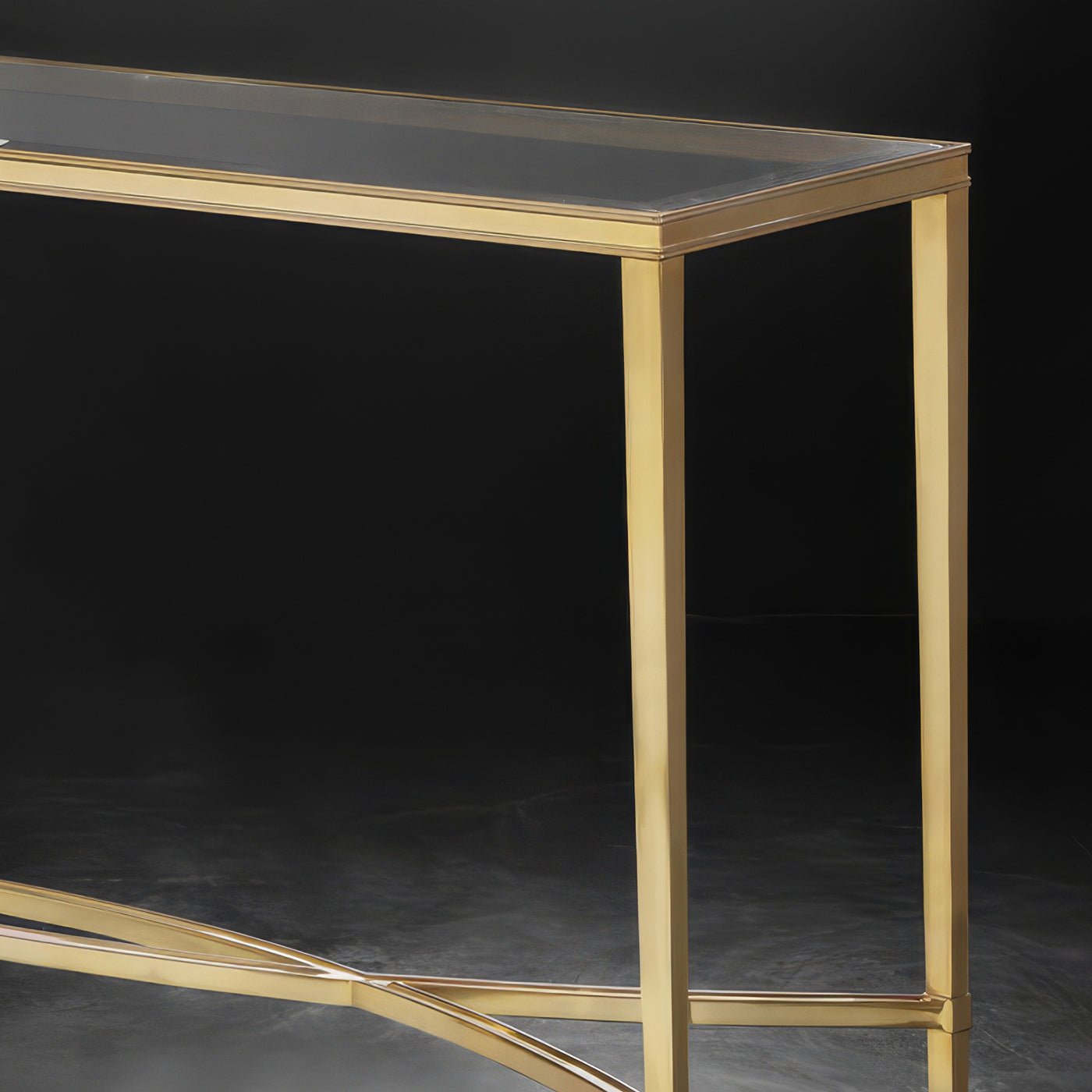 Close-up of brass mid-century console table top.