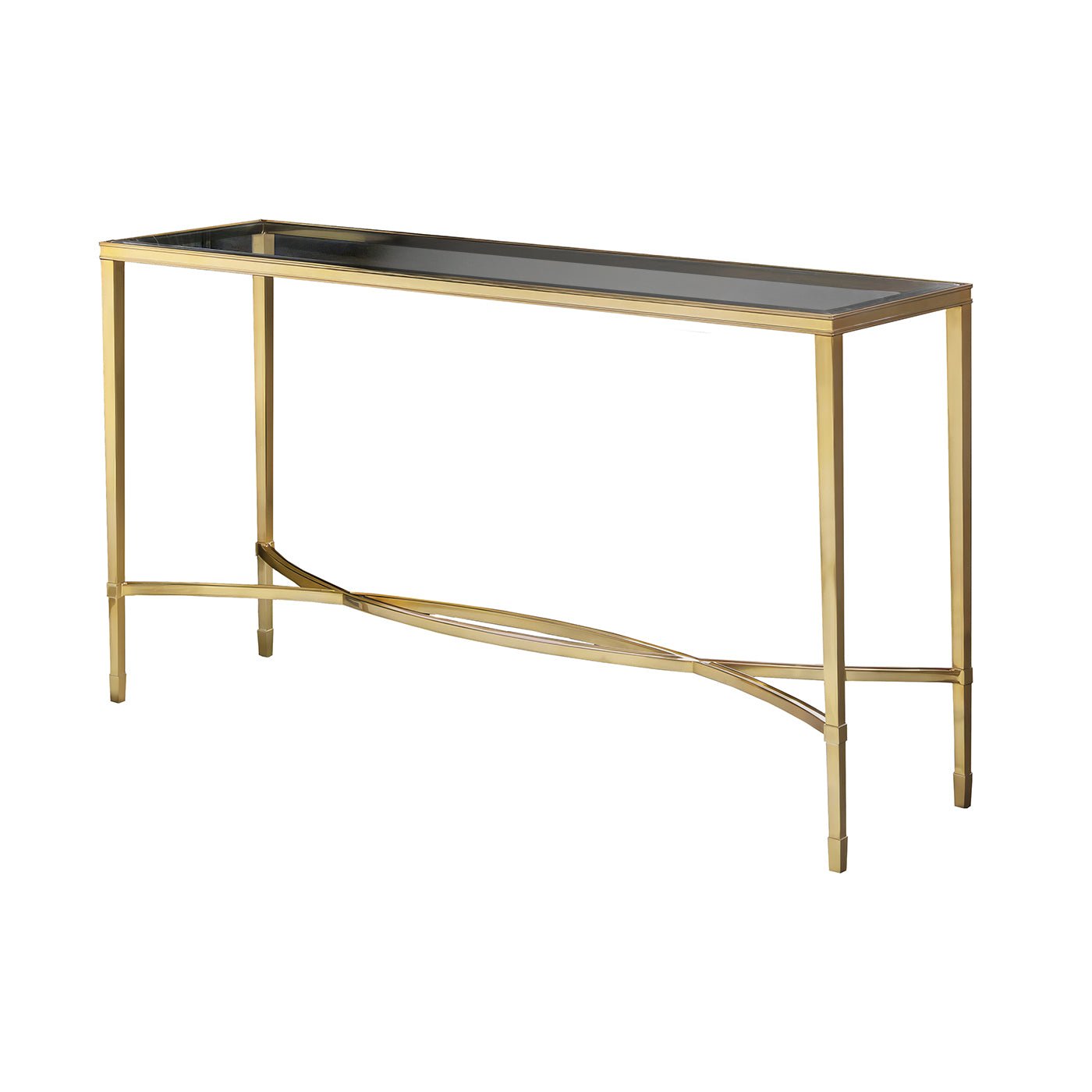Brass mid-century console table, full view angled.