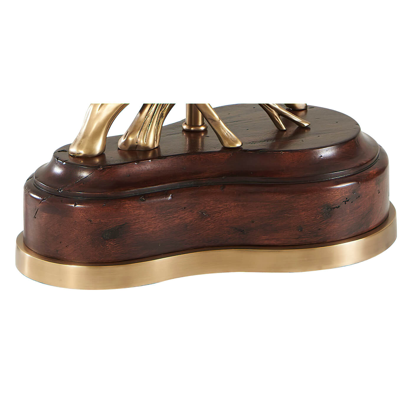 Wooden and brass base of duck table lamp.