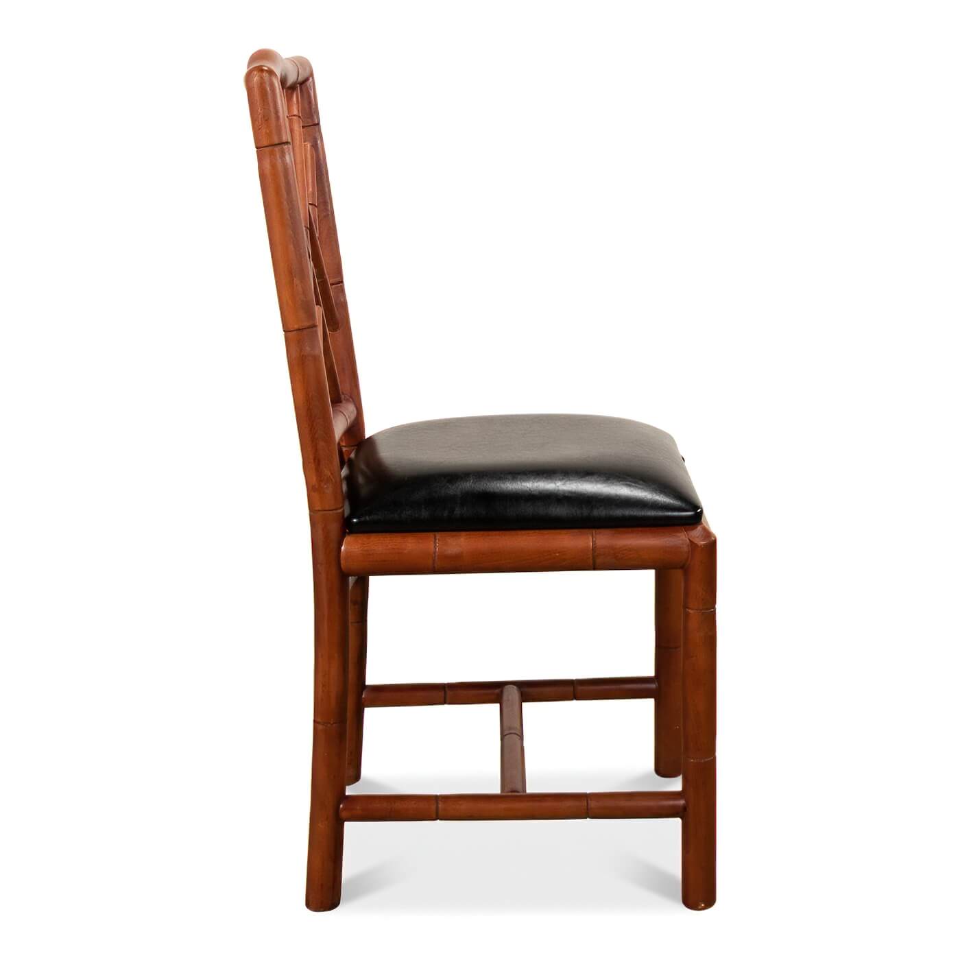 Faux bamboo side chair, side view, black cushion.