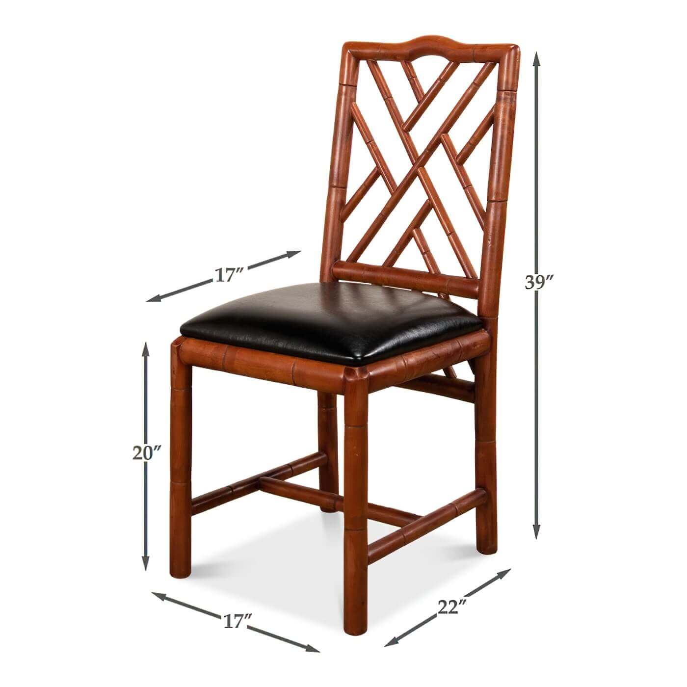 Dimensions of faux bamboo side chair, labeled.