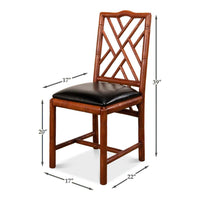 Dimensions of faux bamboo side chair, labeled.