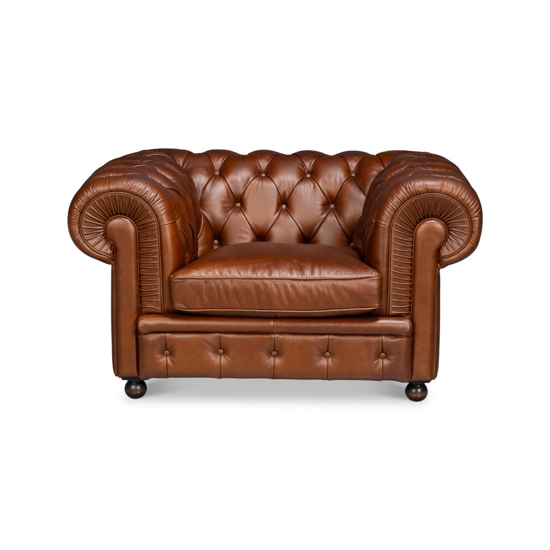 Front view, brown leather Chesterfield armchair, tufted detailing