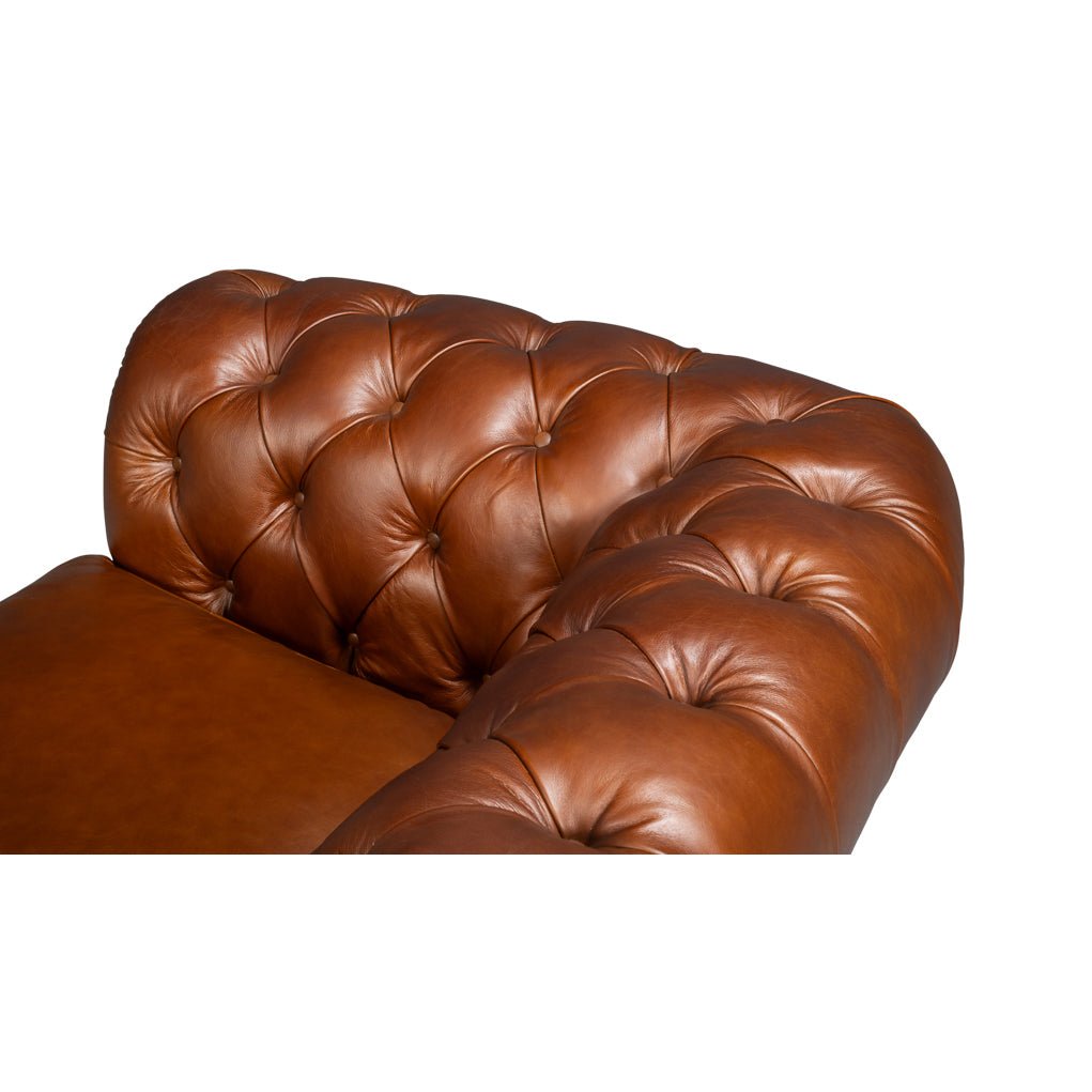 Overhead view, Chesterfield armchair back, tufted leather pattern