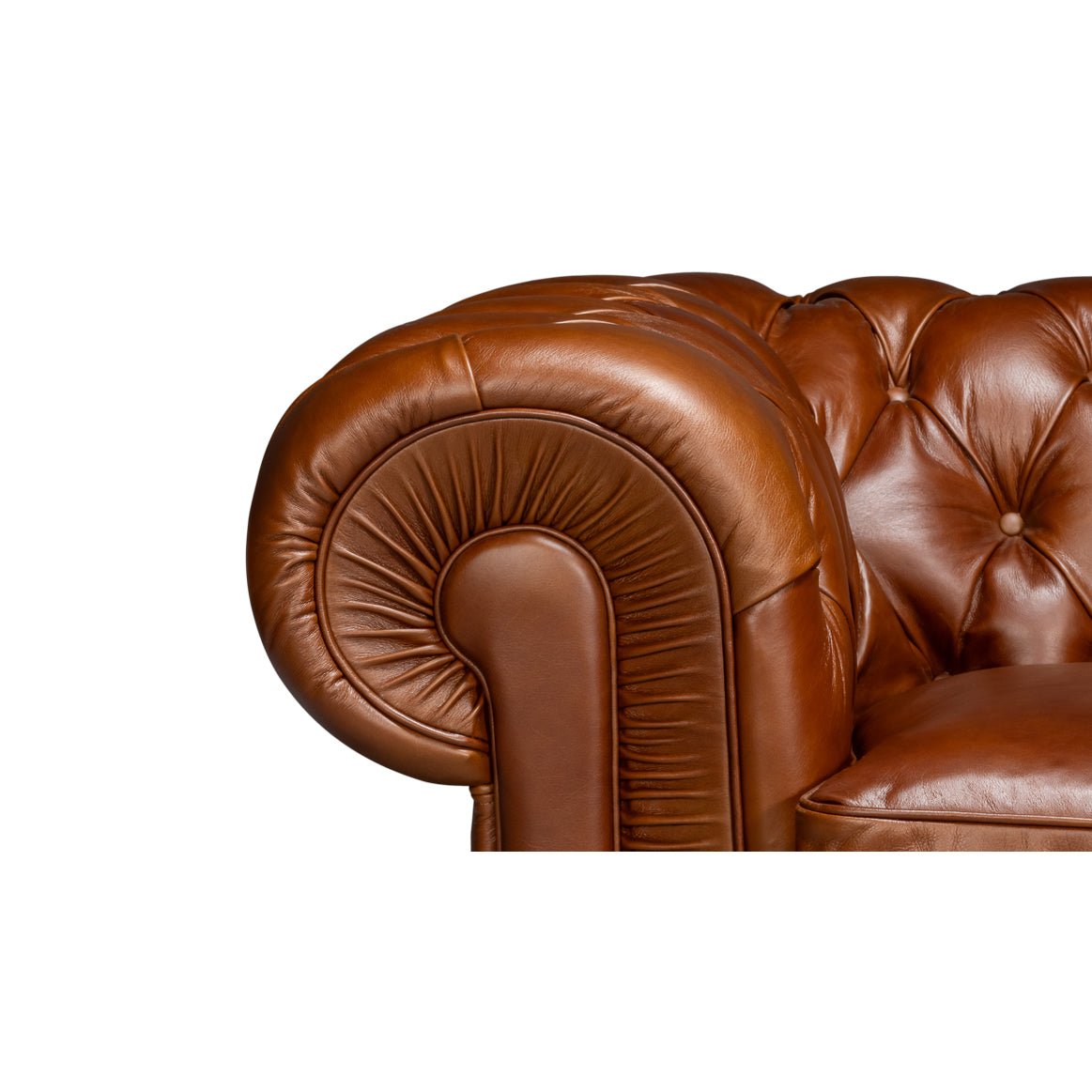 Close-up, tufted rolled arm, Chesterfield armchair leather detail