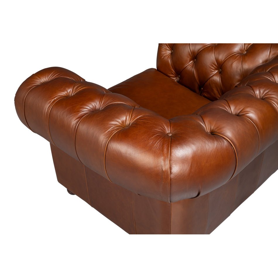 Overhead view, armchair corner, Chesterfield's tufted leather design