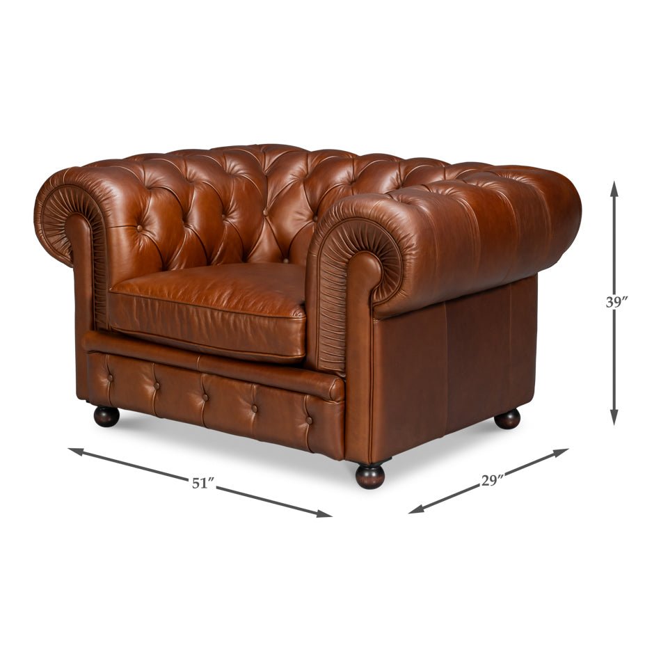 Dimensions shown, Chesterfield armchair, brown leather, tufted design