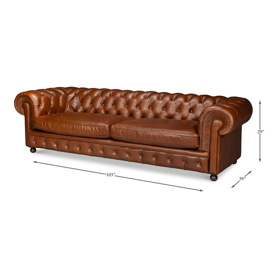 Chesterfield sofa, full view with measurements, brown leather.