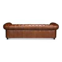 Chesterfield sofa, back view, detailed leather finish.