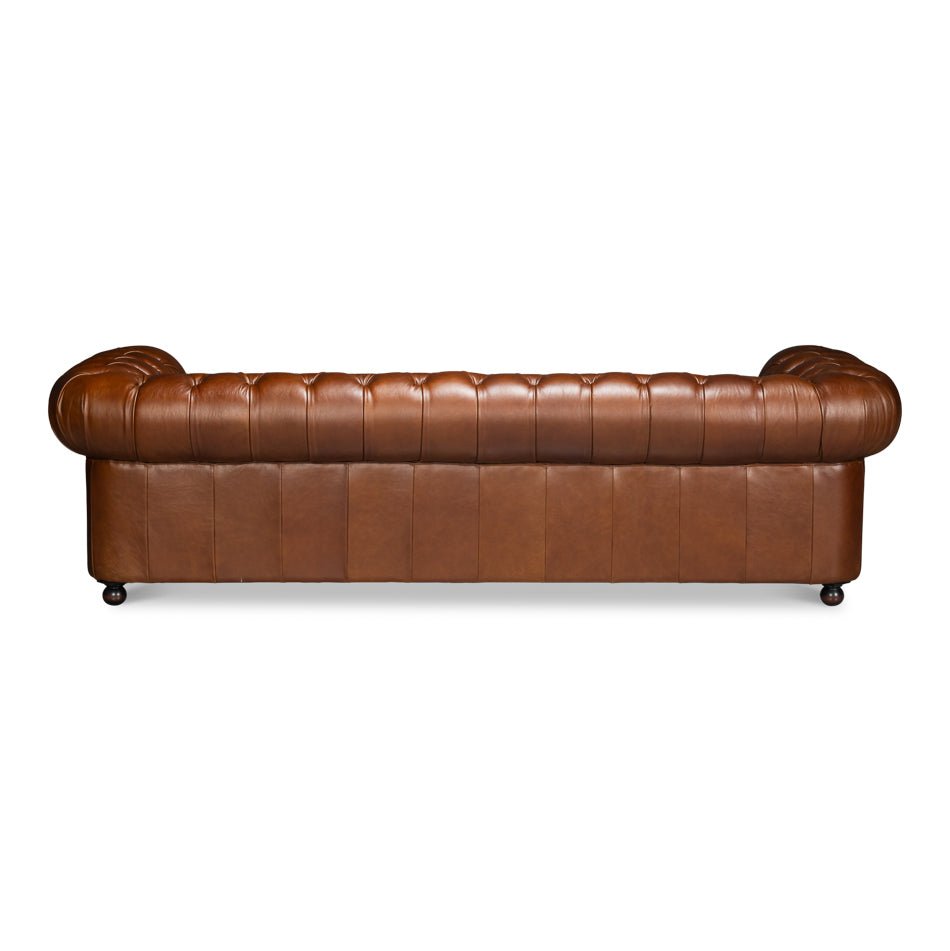 Chesterfield sofa, back view, detailed leather finish.