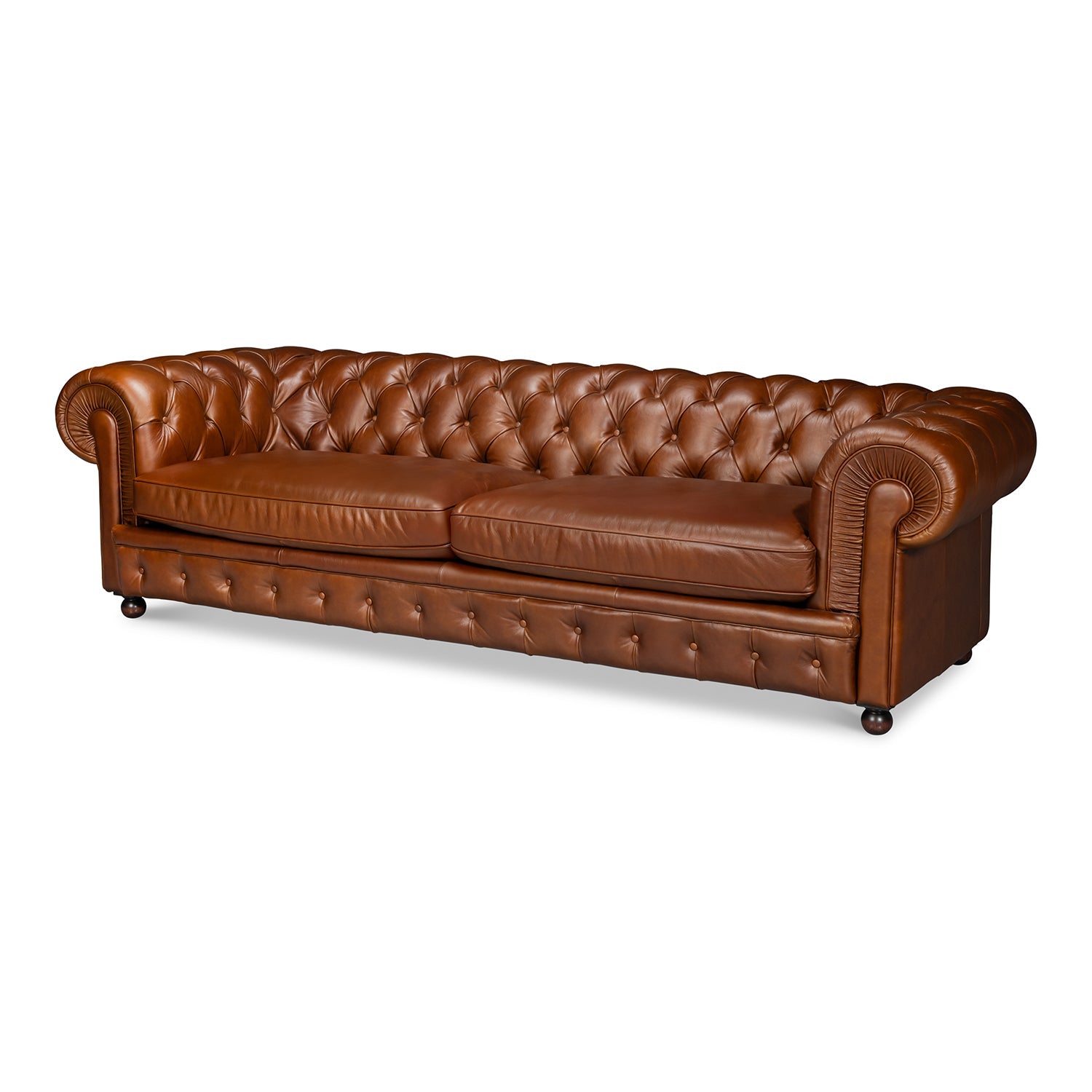 Chesterfield sofa, front angle view, brown leather, tufted design.