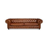 Chesterfield sofa, straight front view, tufted leather upholstery.
