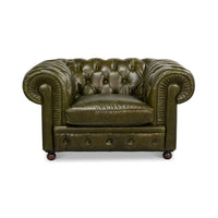 Green leather armchair, front view, rolled arms detailed.