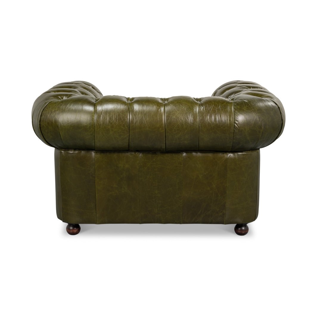 Green leather armchair, back view, overall design.