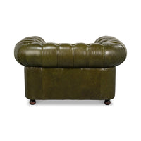 Green leather armchair, back view, overall design.