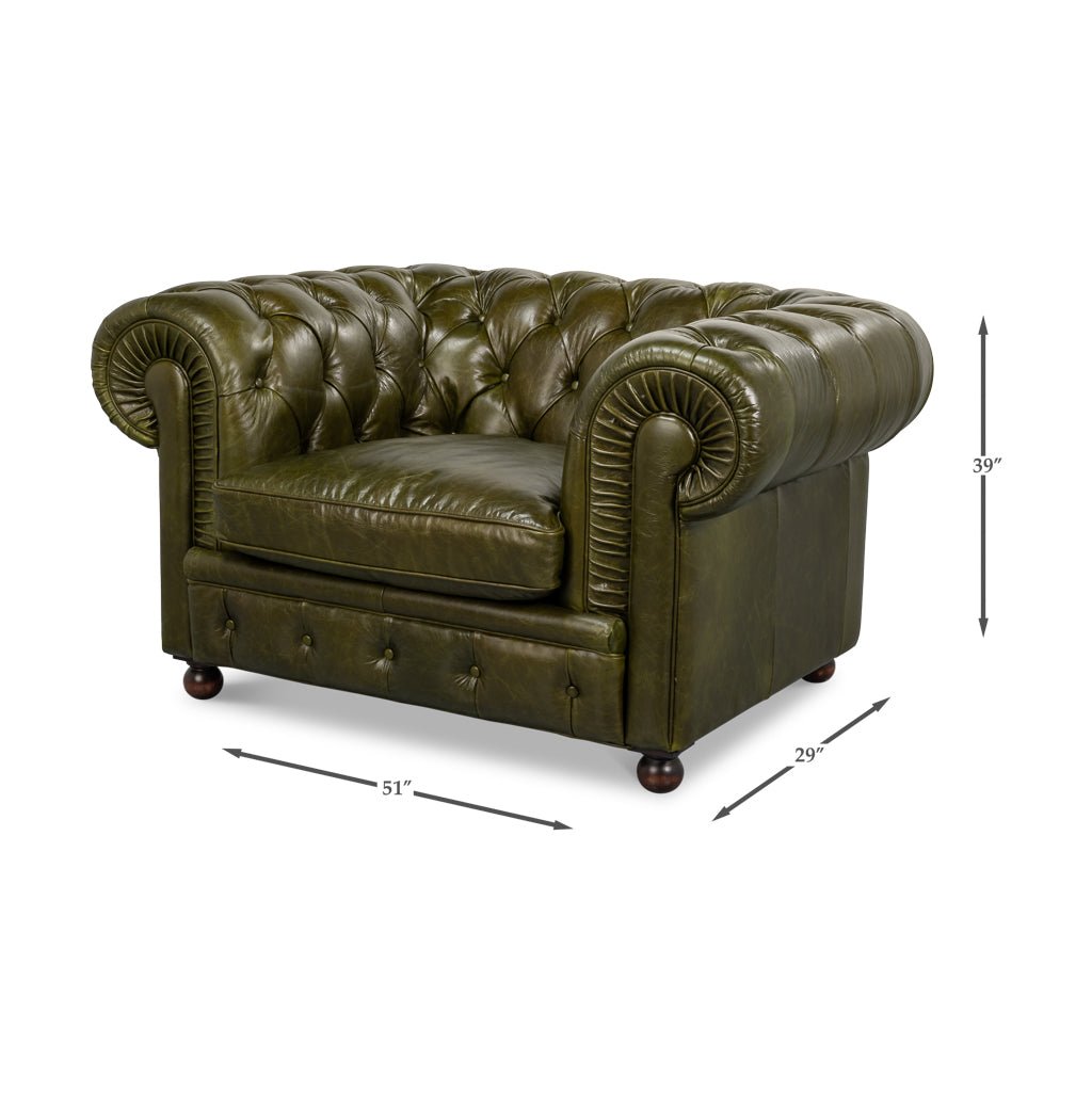 Green leather armchair, dimensions included, angled front view.