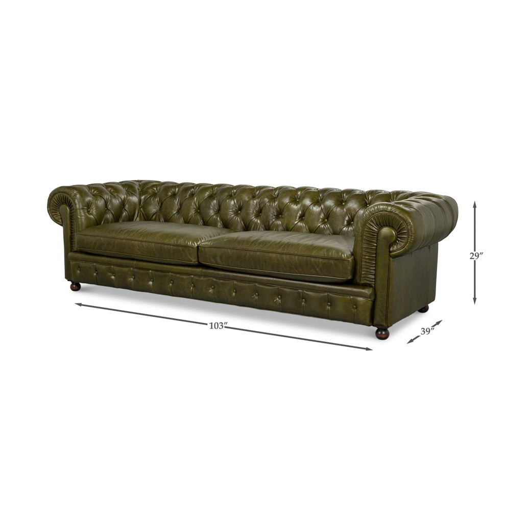 Dimensions displayed with green leather Chesterfield sofa.