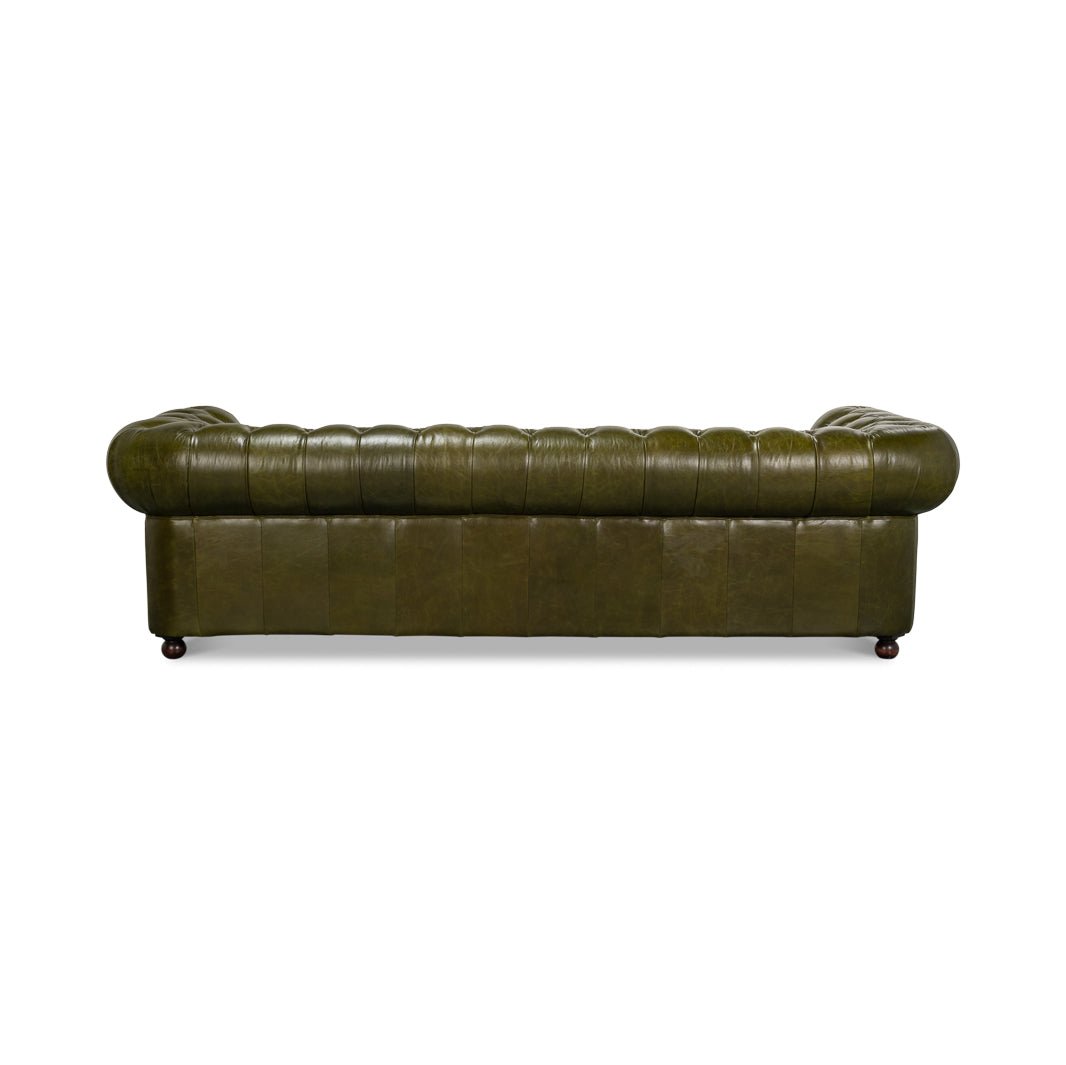 Back view of green leather Chesterfield sofa.