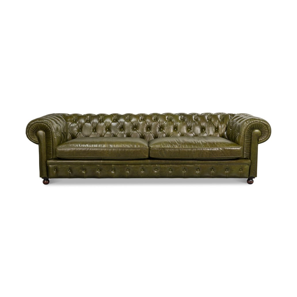 Front view of green leather Chesterfield sofa.