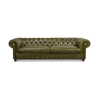 Front view of green leather Chesterfield sofa.