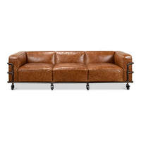 Front view of industrial leather sofa on wheels.