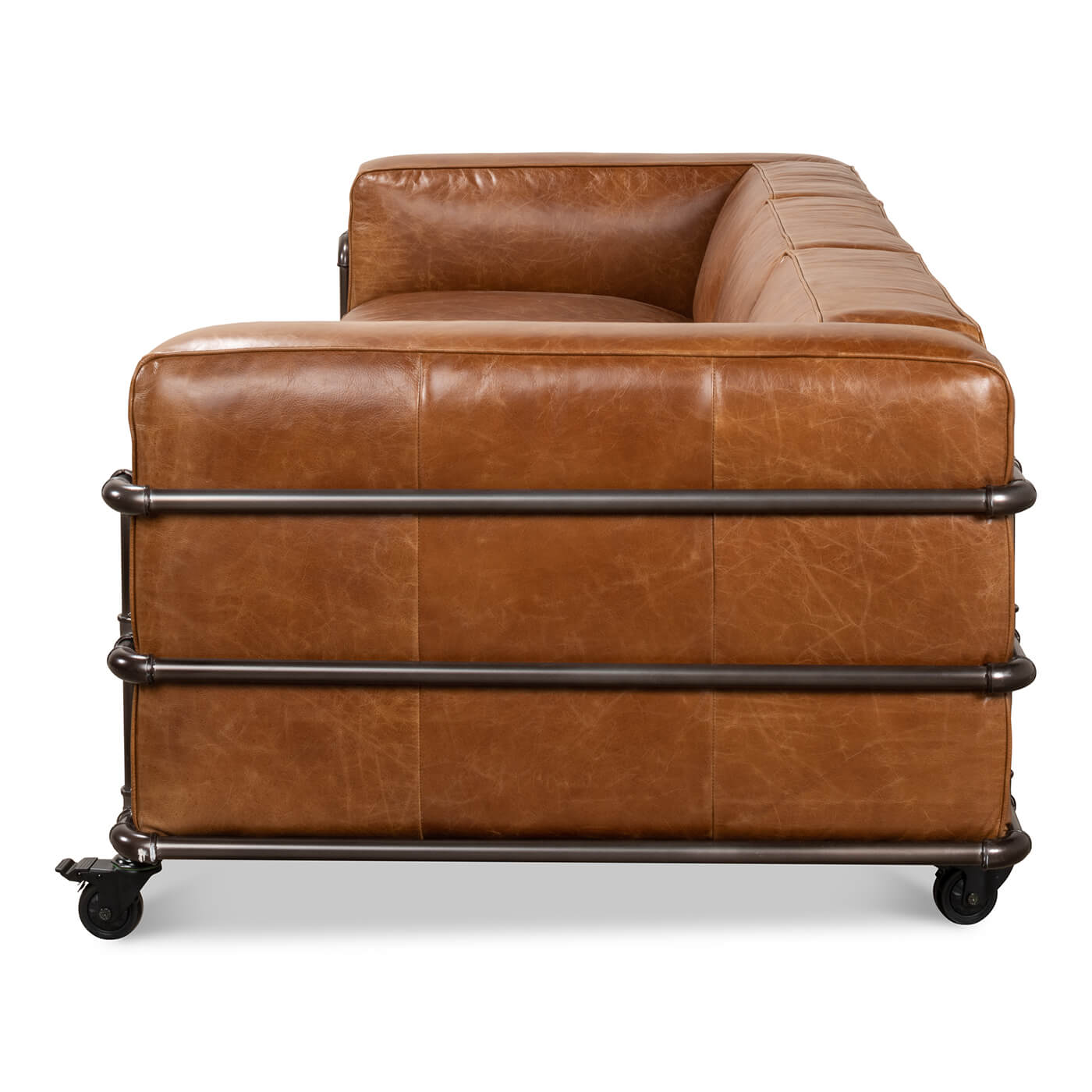 Close-up of industrial leather sofa side armrest.