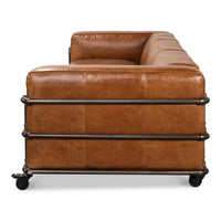 Close-up of industrial leather sofa side armrest.