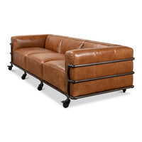 Industrial leather sofa side view with metal frame.
