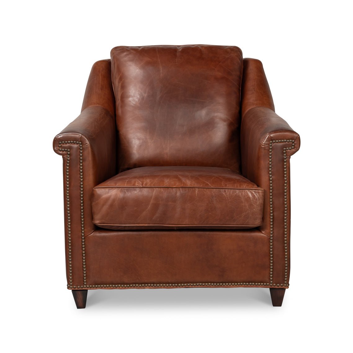 Front view of brown leather accent chair with cushion.