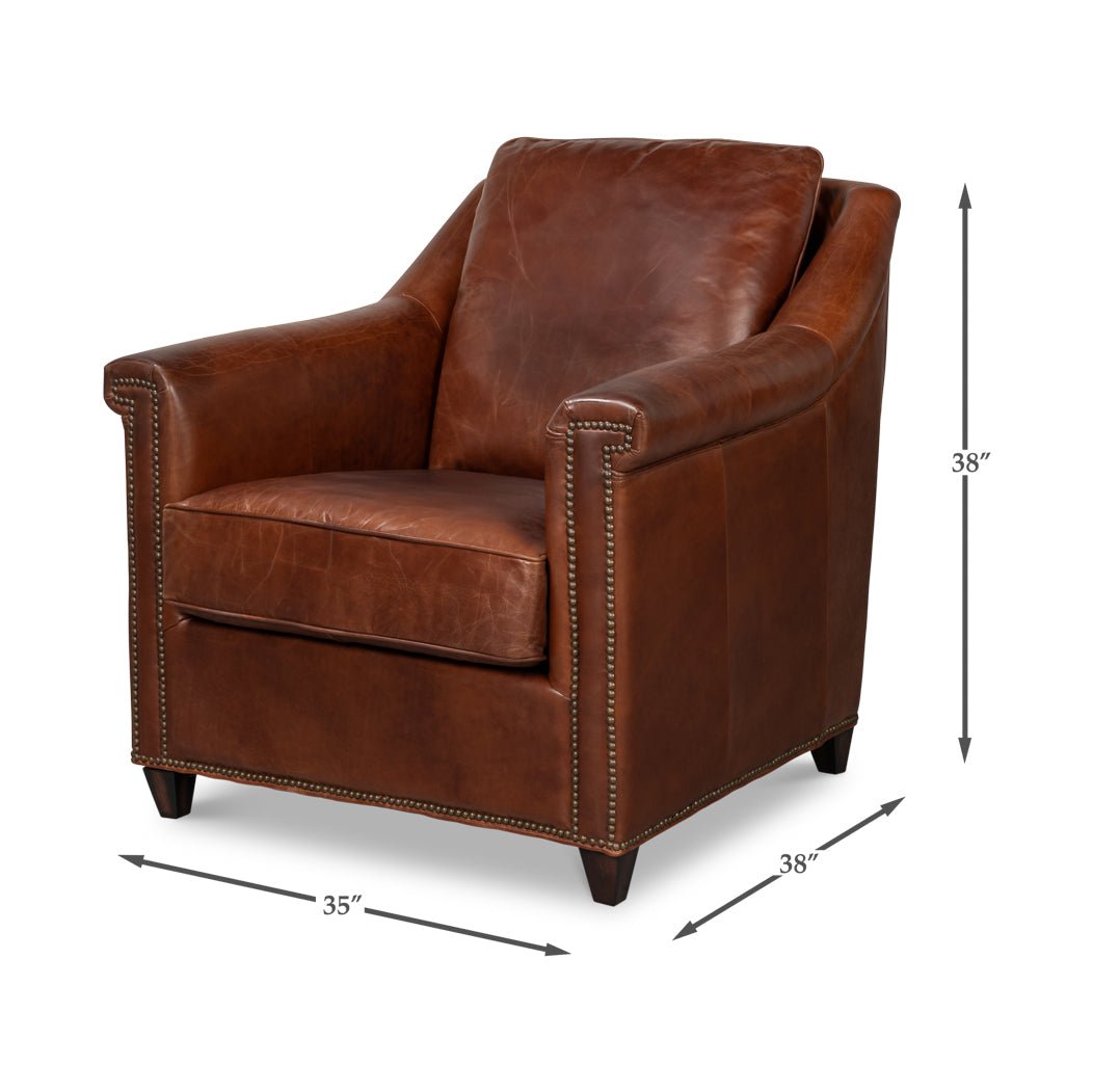 Dimensions of brown leather accent chair with nailhead trim.