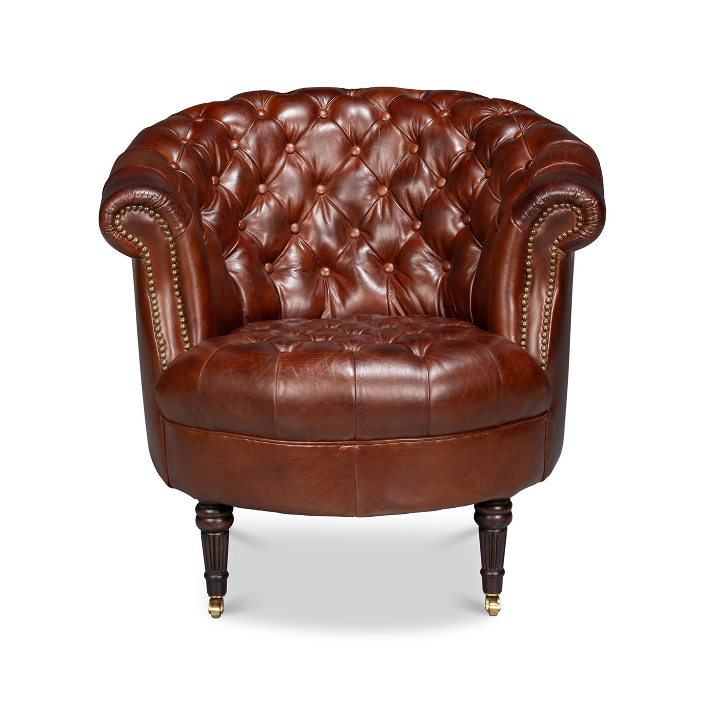 Brown leather barrel chair, frontal view.