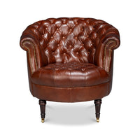 Brown leather barrel chair, frontal view.