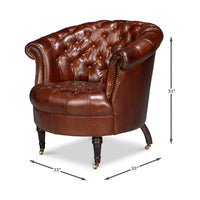 Dimensions shown for brown leather barrel chair.
