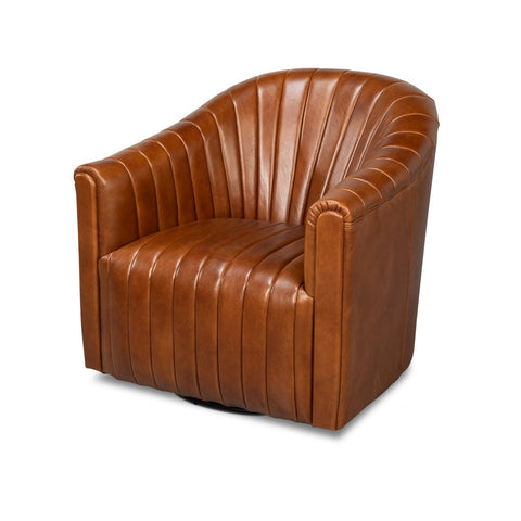 Brown Leather Channel Tufted Swivel Chair