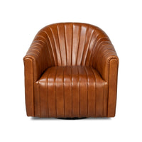 Brown leather chair front, channel tufted design focus.