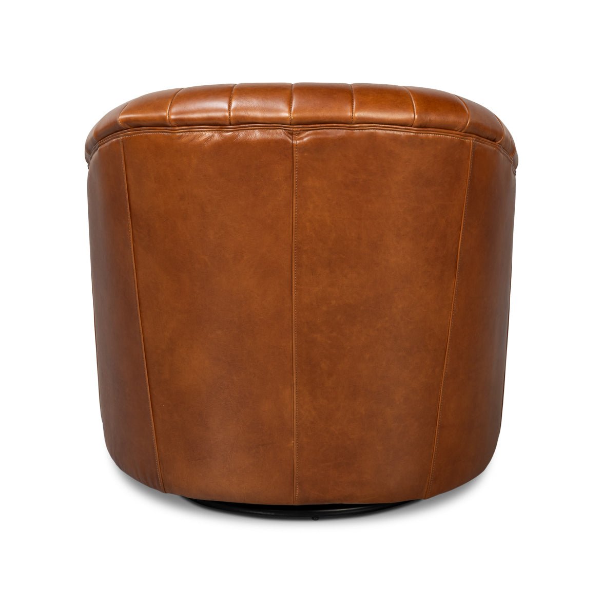 Back view of brown leather swivel chair.