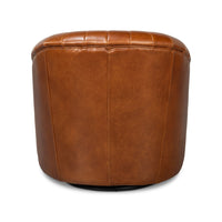 Back view of brown leather swivel chair.