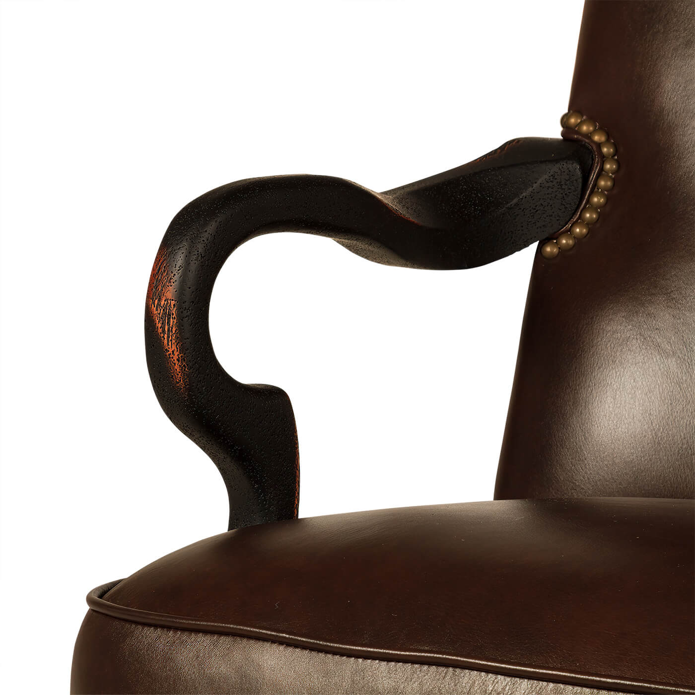 Close-up, chair armrest, wooden design with studs.