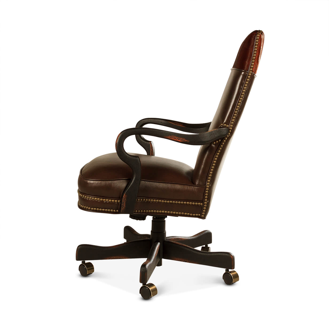 Brown leather office chair, side view with wheels.