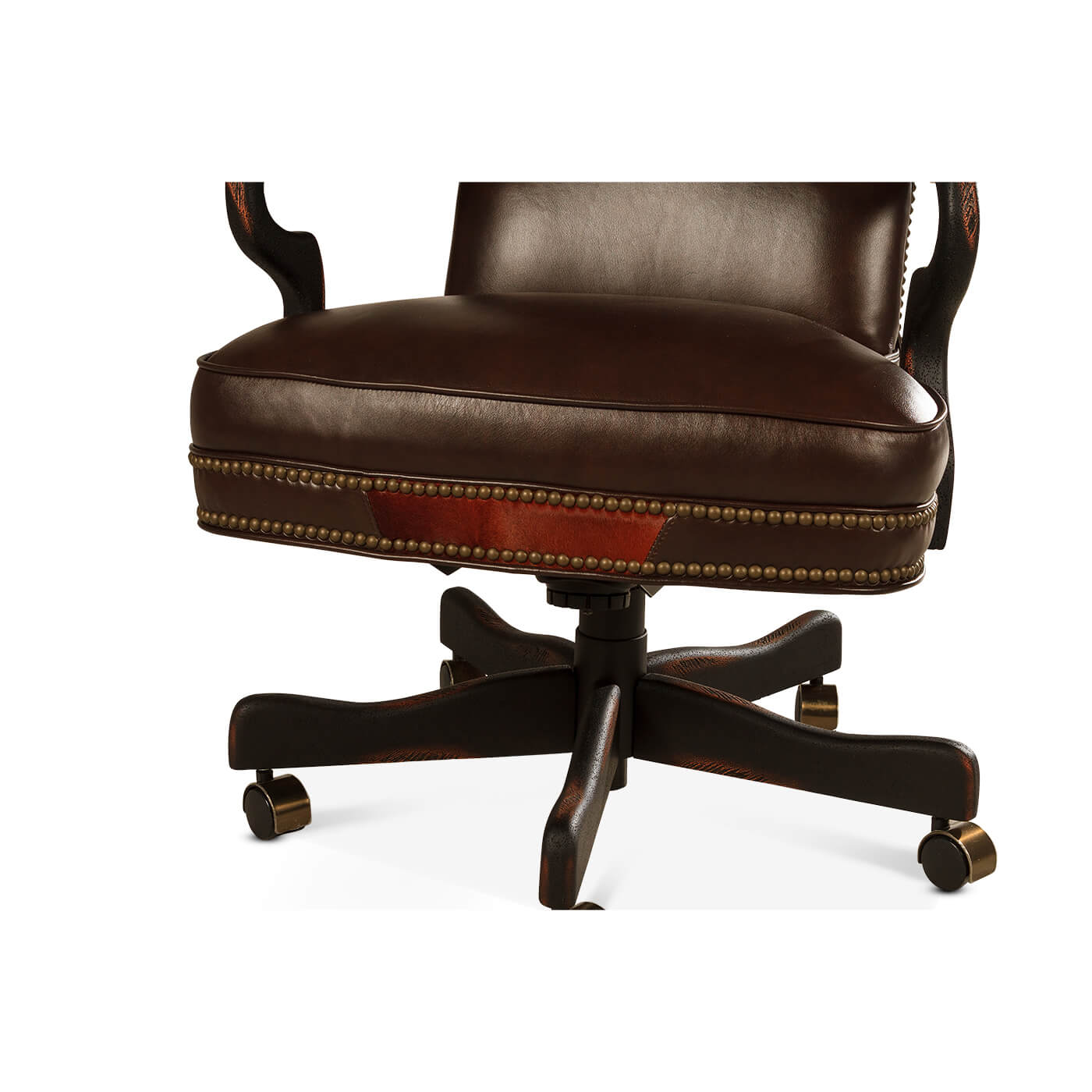 Chair base, brown leather seat, swivel wheels visible.